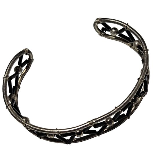 Vintage Boho Chic Silver Tone Cuff Bracelet Black Enamel Geometric Design Women - Picture 2 of 5